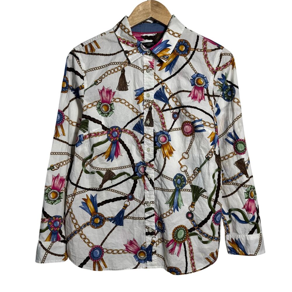 Talbots Equestrian Novelty Print Cotton Button Up Blouse Top Women LP Old Money